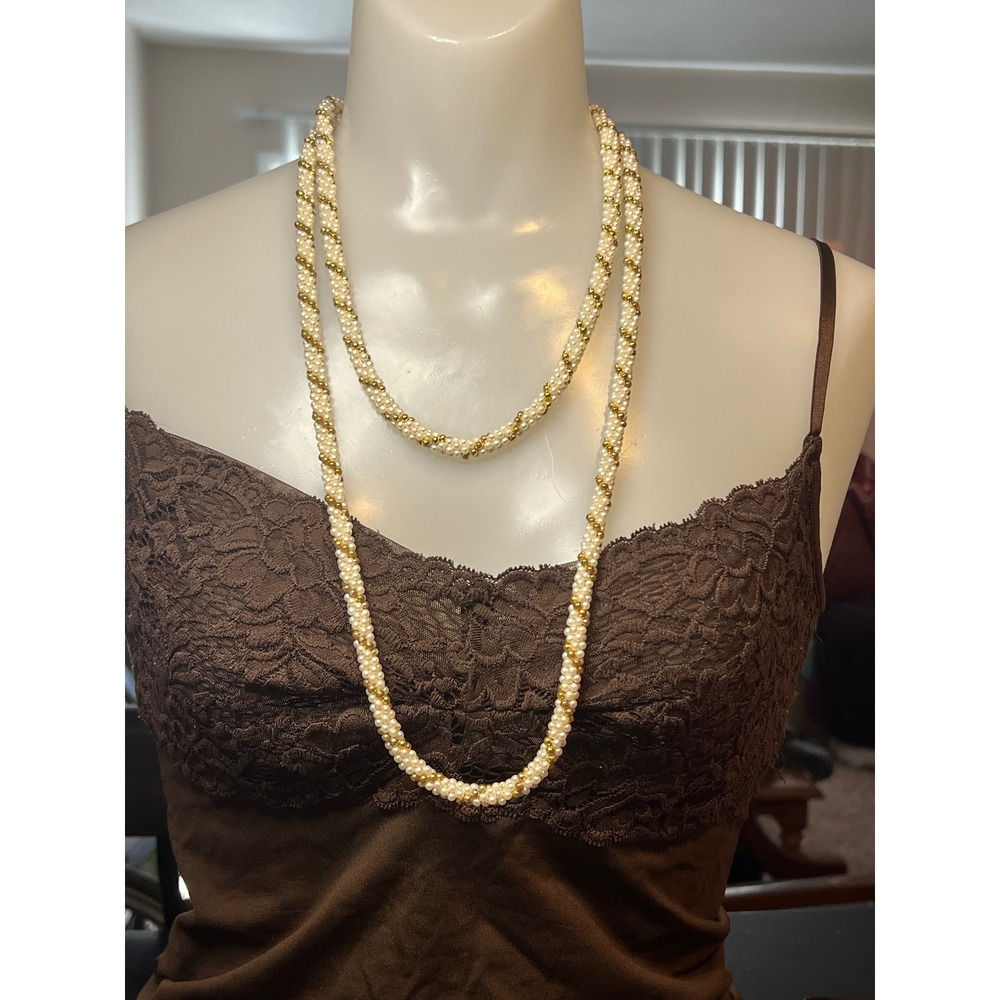 Long Layering Necklace Gold & Cream Beaded Rope Style Fashion Jewelry